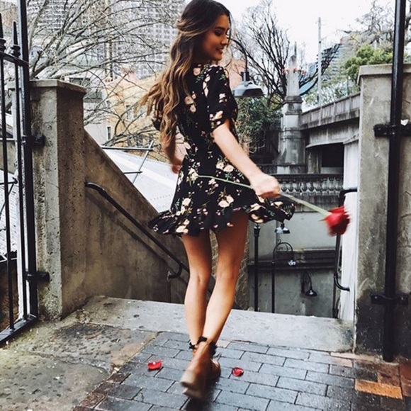 Floral Black V Neck Dress Summer Boho - Picture 5 of 8